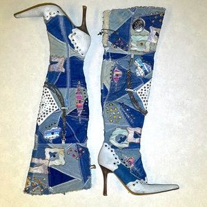 El Dantés Couture patchwork denim heeled boots